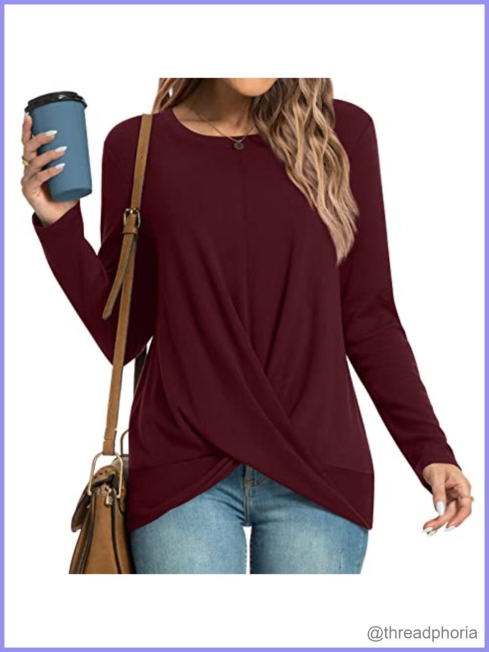 Women Long Sleeve Twist Front Tunic Top Crewneck Blouse